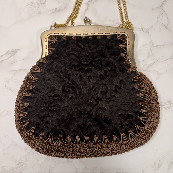 Vintage Brown Velvet Purse with Gold Clasp and Chains - Picture 2 of 9